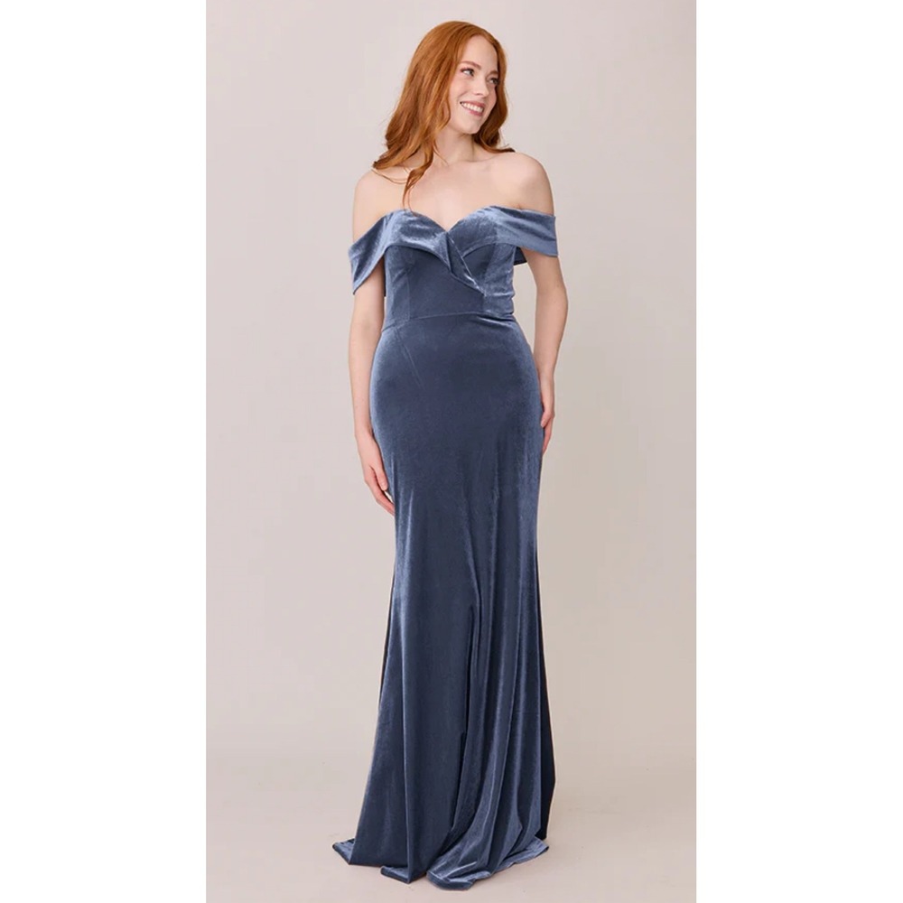 Revelry‎ Off Shoulder Velvet Gown Slate Blue Formal Evening Dress Size 10